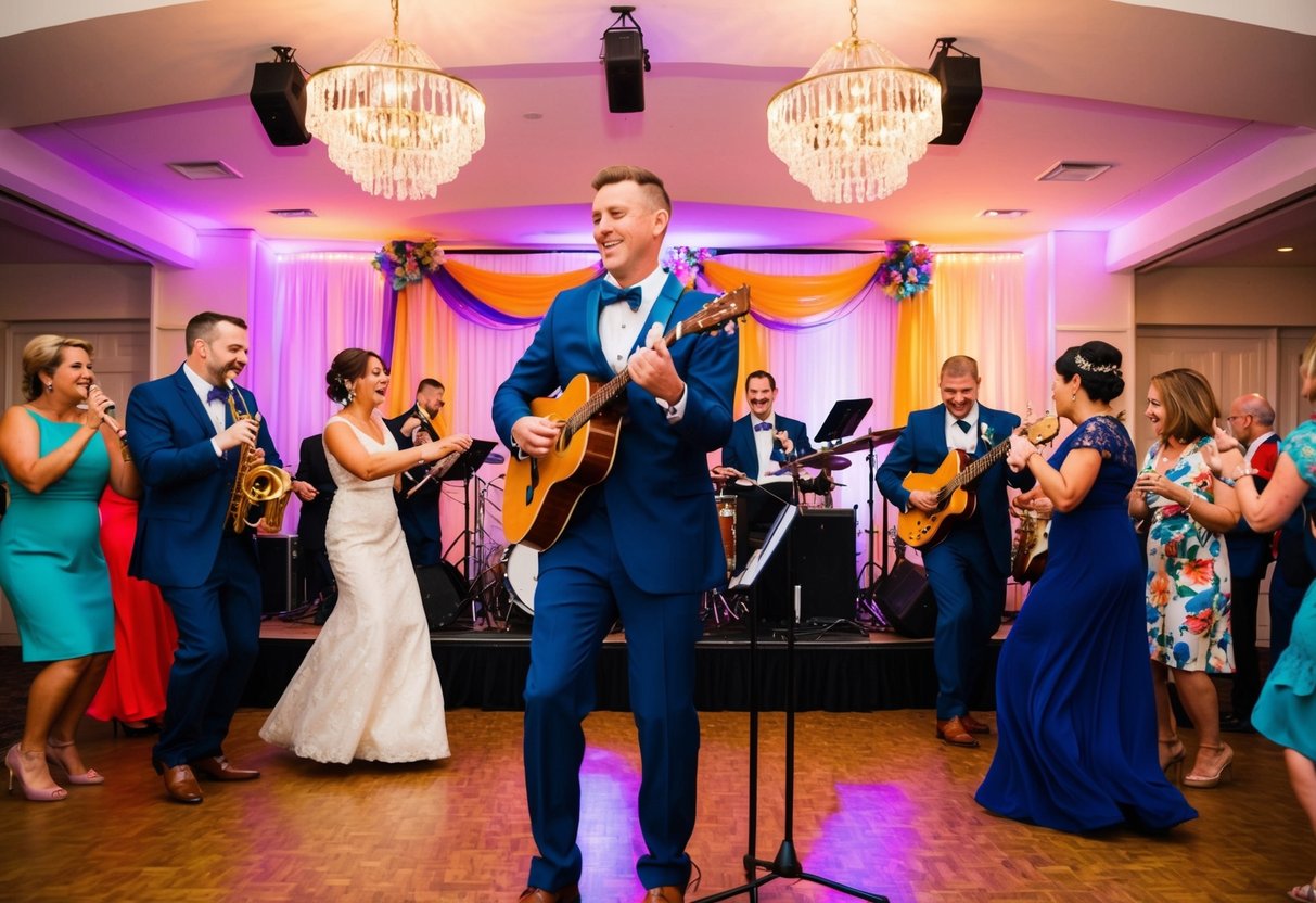 A wedding band plays lively music on a stage, surrounded by dancing guests and colorful decorations