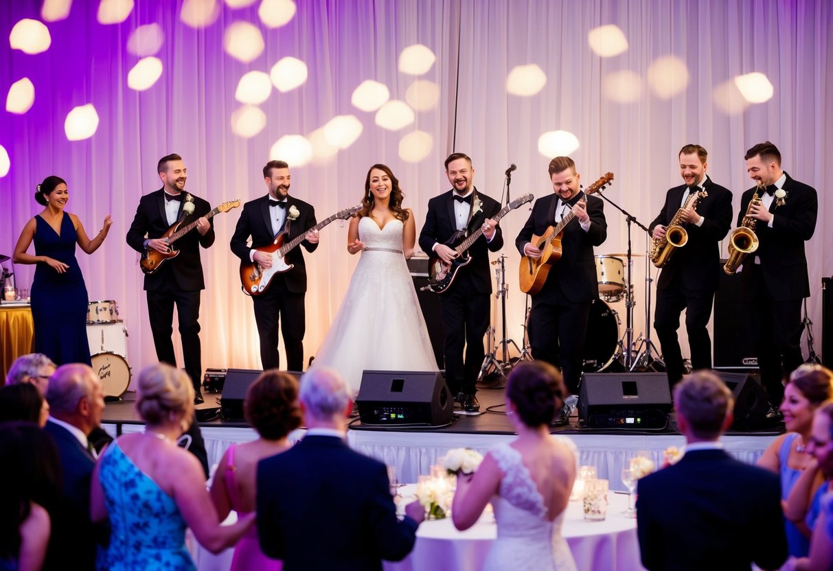 A wedding band performing on stage, playing a variety of music genres such as pop, rock, jazz, and classical, with a dance floor filled with guests enjoying the music