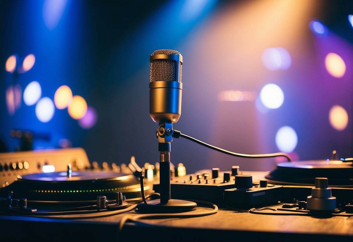 A stage with a spotlight on a microphone, surrounded by instruments and recording equipment, symbolizing the impact of the music industry on producing number 1 hits