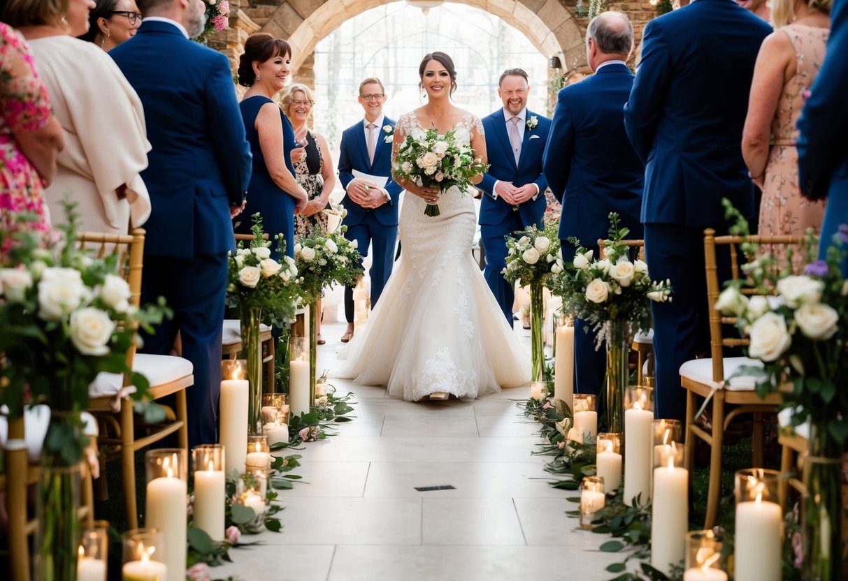 A bride walks down the aisle, surrounded by flowers and candles, as her entrance song fills the air with anticipation and joy