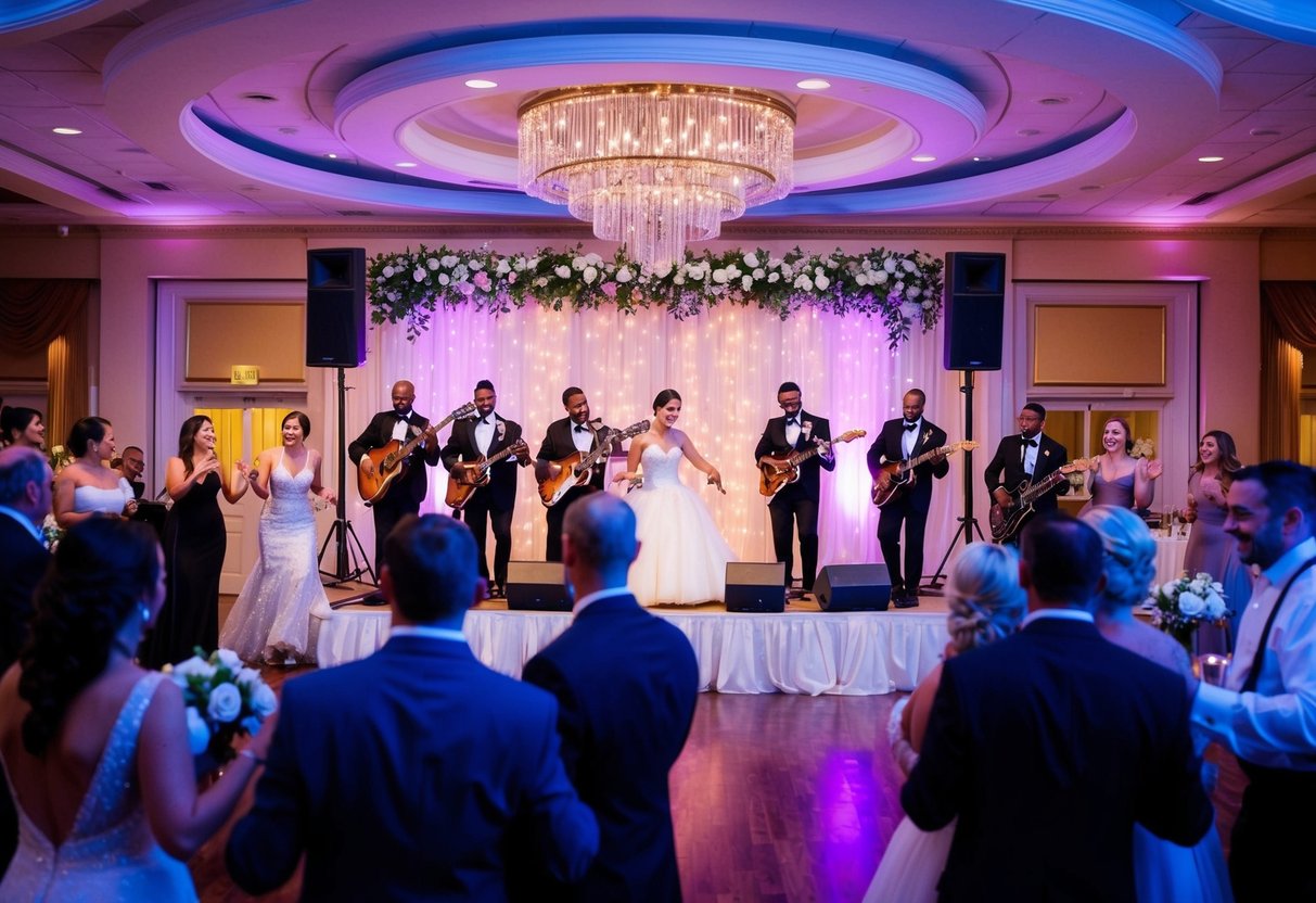 A wedding reception with a live band playing romantic music on a beautifully decorated stage, surrounded by dancing guests and twinkling lights