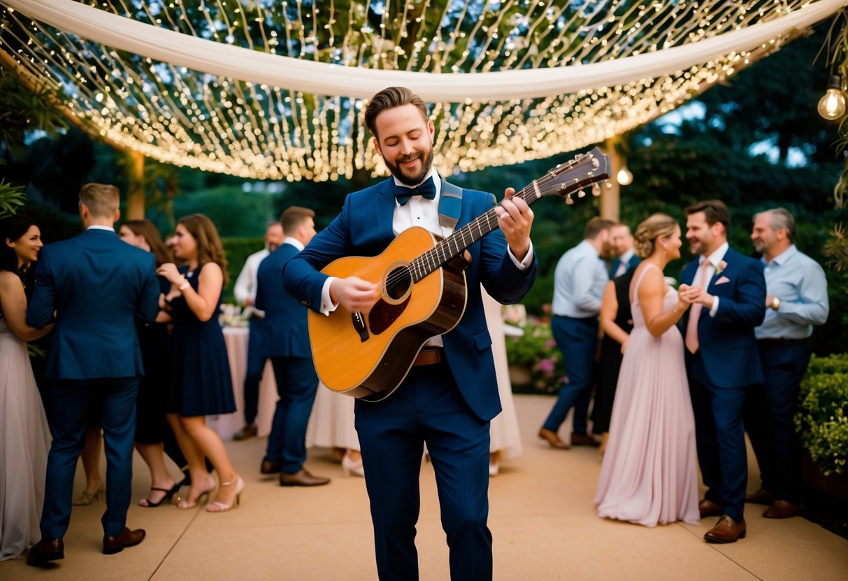 A guitarist strums under a canopy of twinkling lights, surrounded by guests mingling and dancing in a lush garden setting