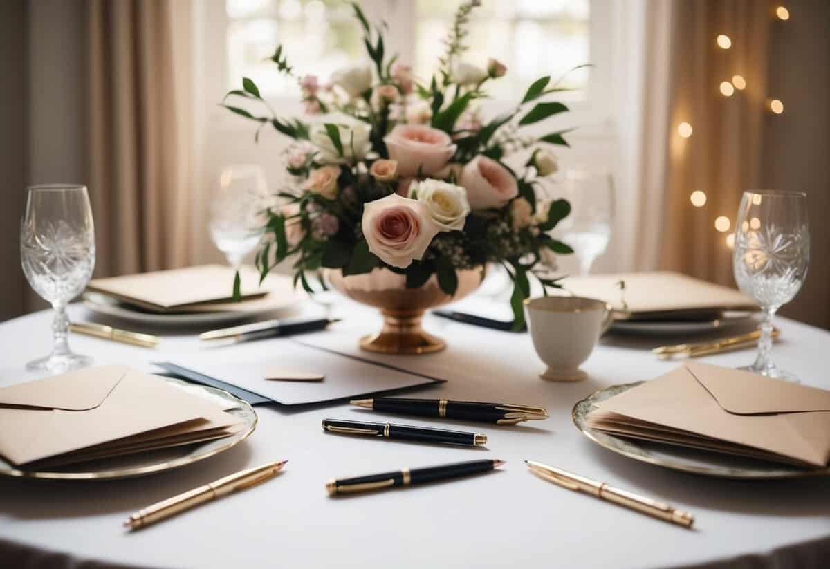 A table set with elegant pens, paper, and envelopes, surrounded by floral decorations and soft lighting