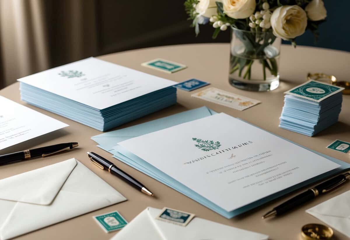 An elegant table with blank wedding invitations, surrounded by pens, stamps, and a stack of envelopes ready for mailing