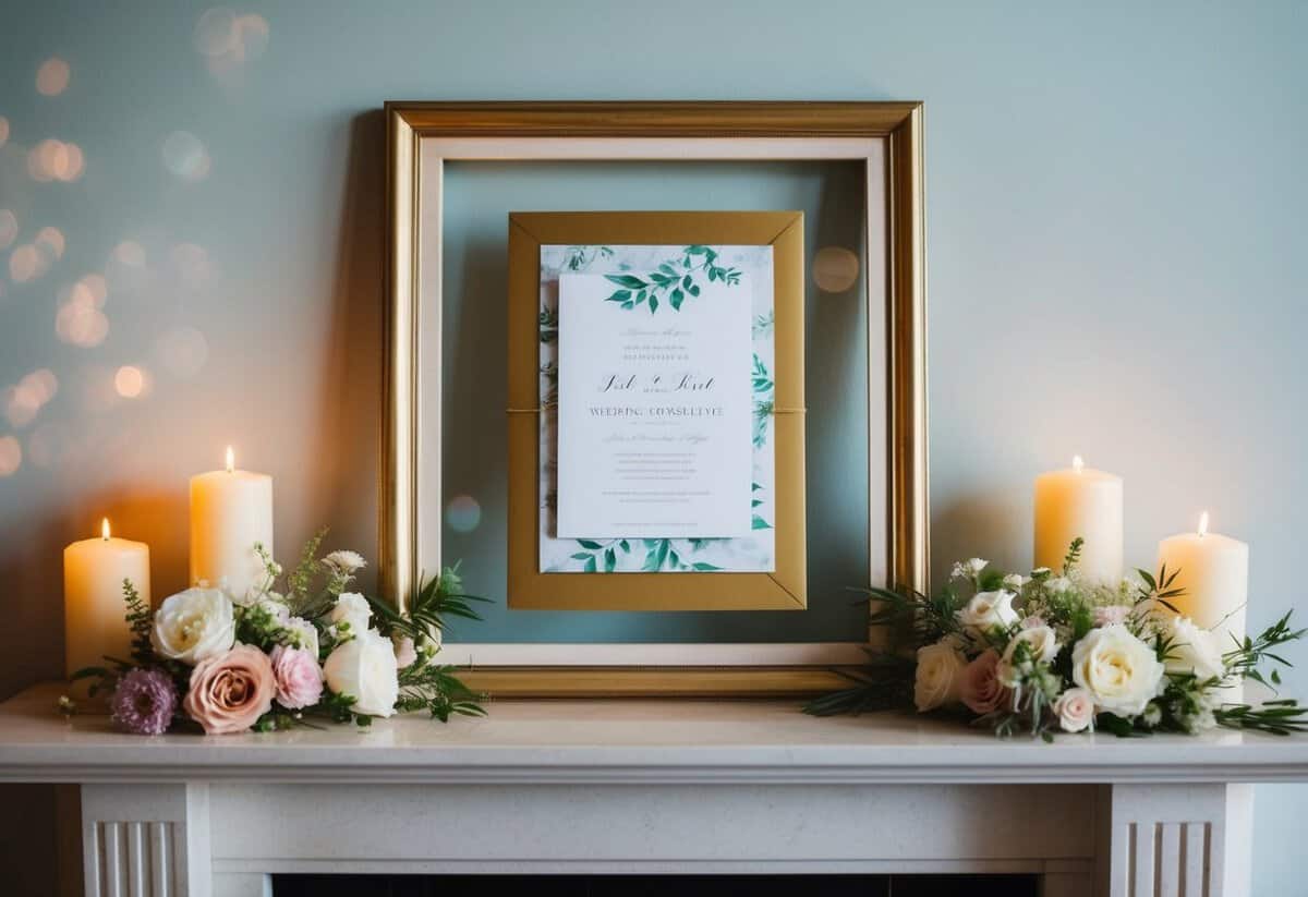 A wedding invitation lies within a delicate frame on a mantelpiece, surrounded by flowers and candles