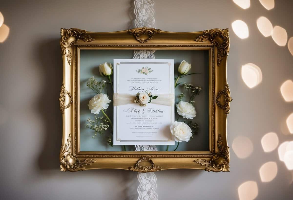 A wedding invitation surrounded by flowers and a delicate lace ribbon, placed inside an ornate gold frame hanging on a wall
