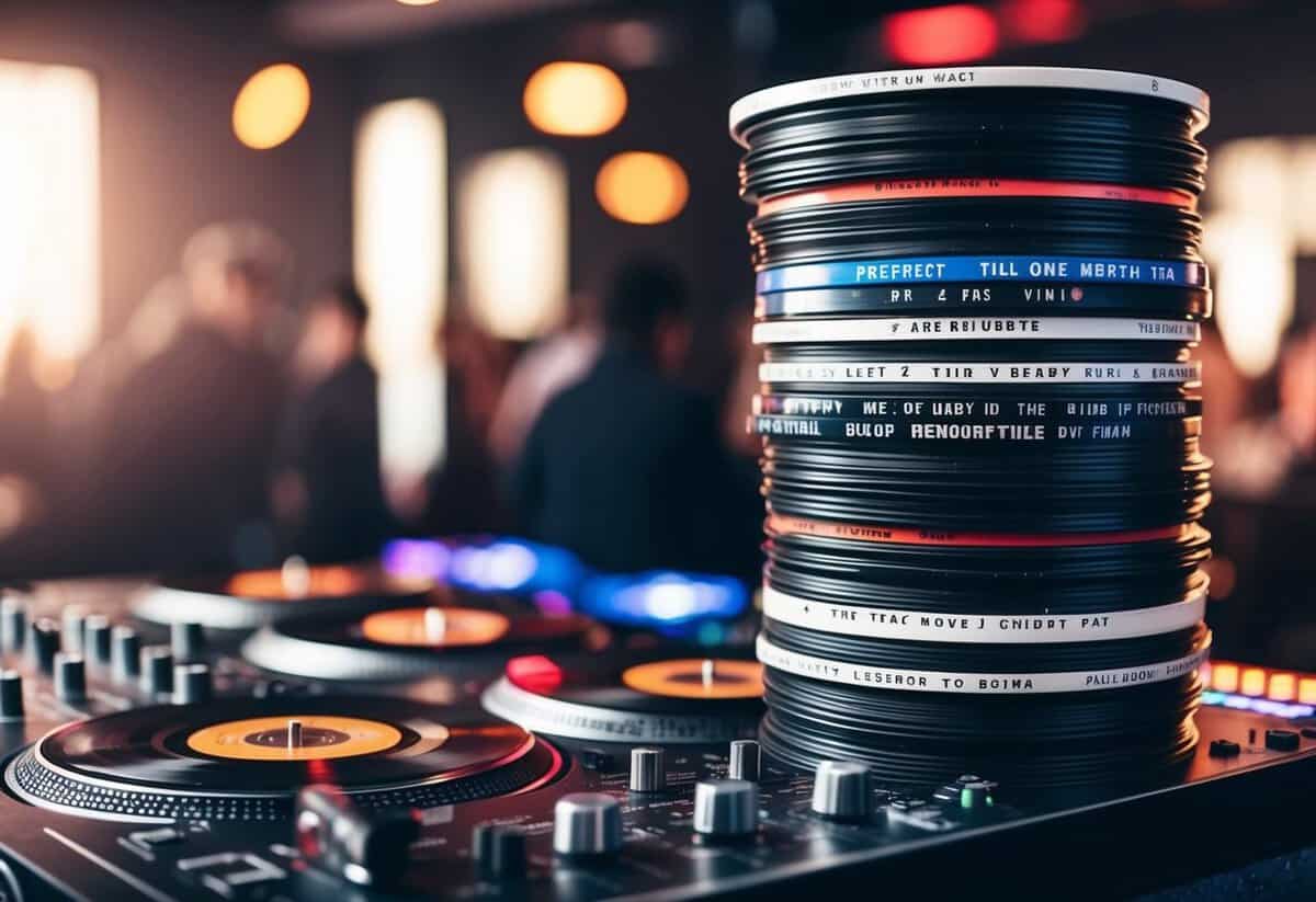 A stack of vinyl records with song titles scattered around a DJ booth