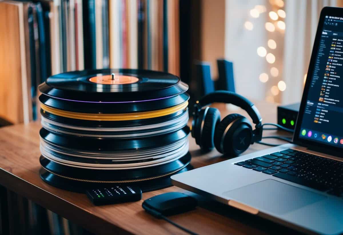 A stack of vinyl records and a digital playlist on a laptop, with a DJ controller and headphones nearby