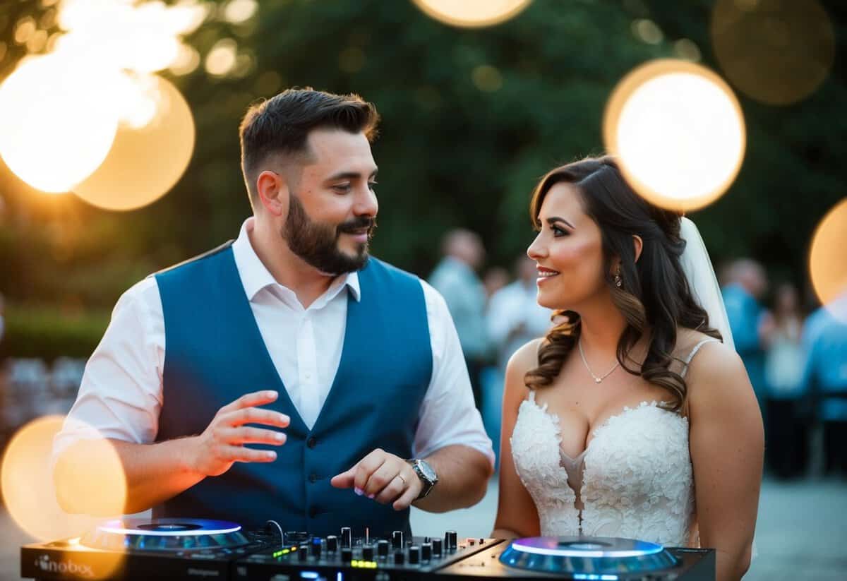 A couple and a DJ discussing song choices for their wedding