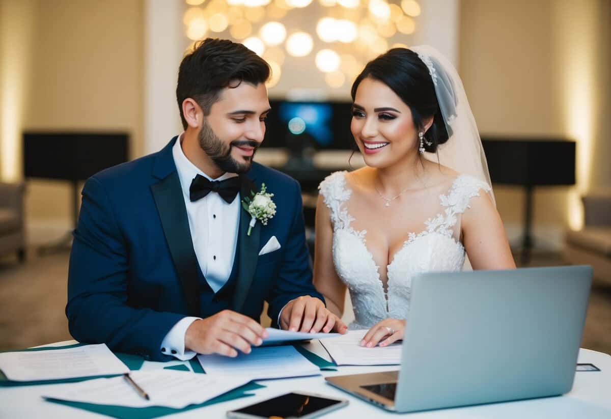 A bride and groom sitting together at a table, surrounded by papers and a laptop, discussing and finalizing their song list for the wedding DJ