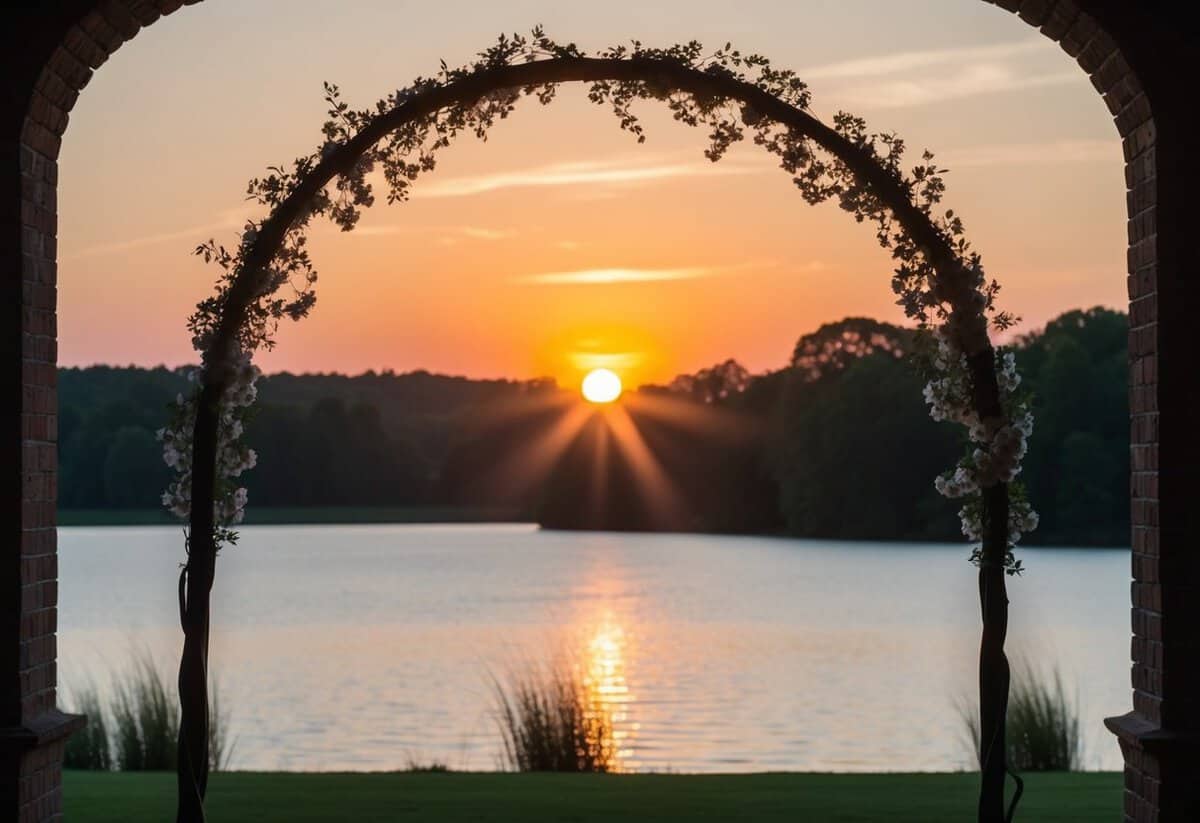 A sun setting behind a serene lake, with a delicate floral archway framing the view