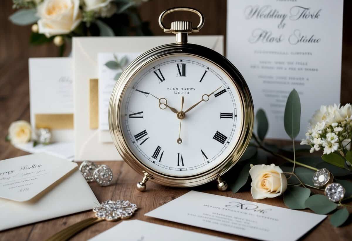 A clock with elegant hands set at a specific time, surrounded by wedding invitation materials and decorative elements