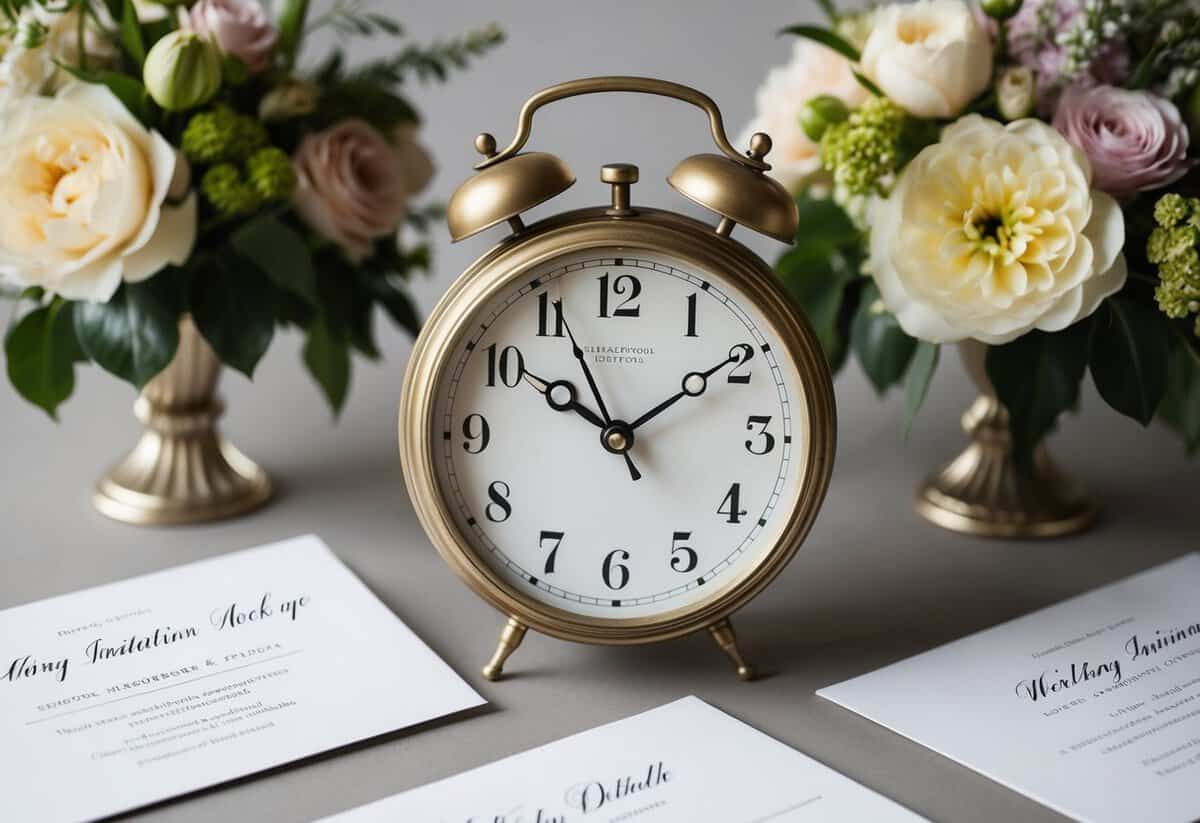 A vintage clock set to 5 o'clock, surrounded by elegant floral arrangements and wedding invitation mock-ups