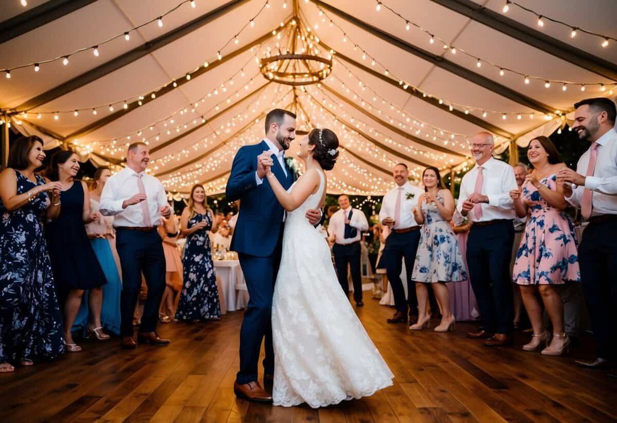 A couple dances under a canopy of twinkling lights, surrounded by friends and family, as the music fills the air with joy and love
