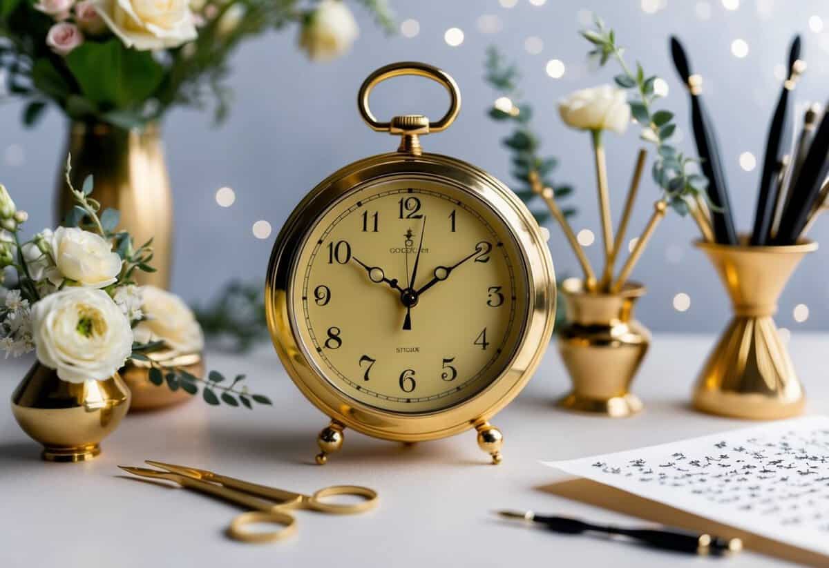 A golden clock set to 5 o'clock, surrounded by delicate floral arrangements and elegant calligraphy tools