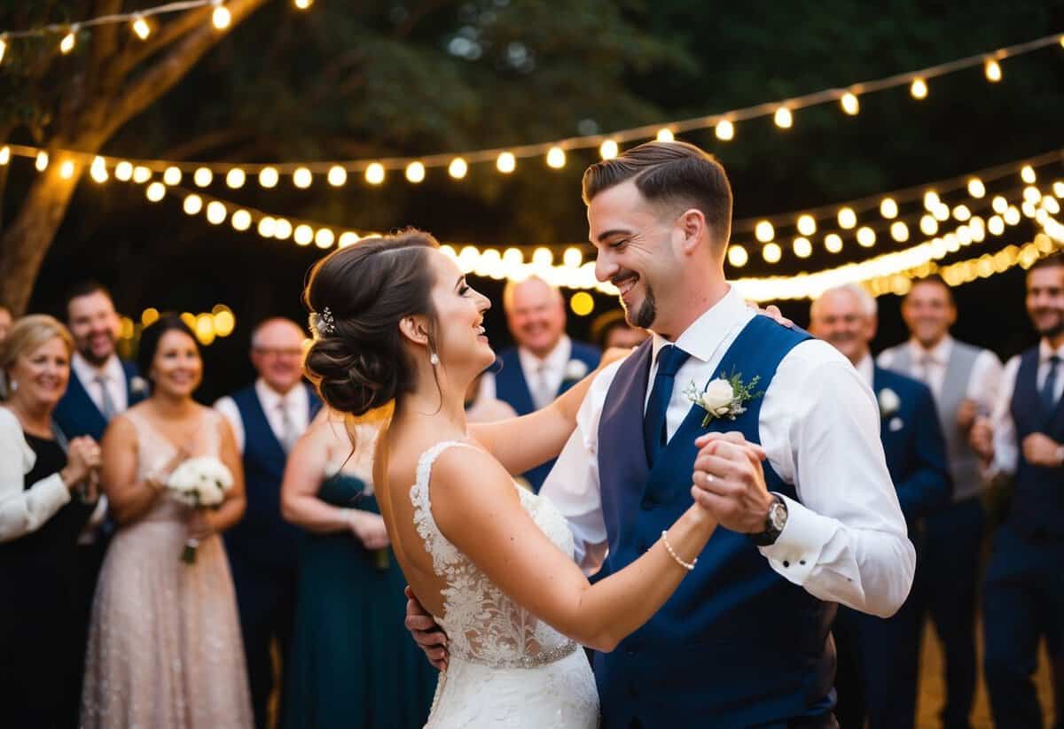 A bride and groom dancing under twinkling lights, surrounded by friends and family, with smiles on their faces