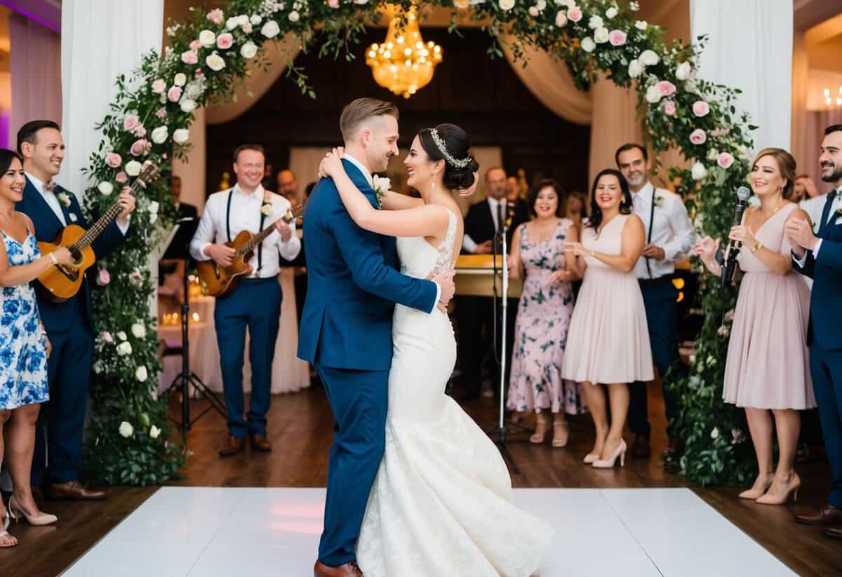 A bride and groom dancing under a floral arch, surrounded by smiling guests and a live band playing romantic music