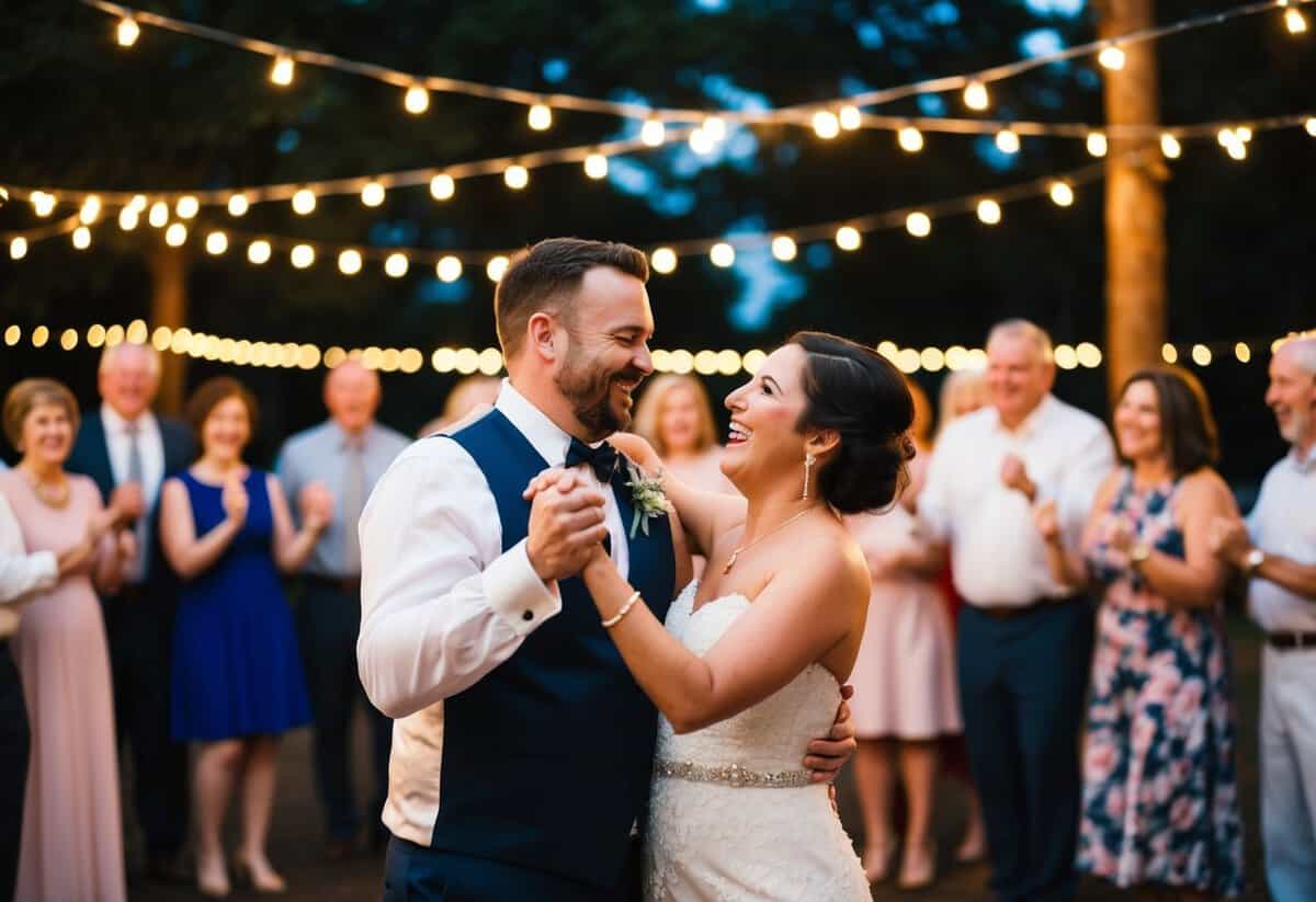 A joyful couple dances under twinkling lights, surrounded by loved ones, as the song "Simply the Best" fills the air