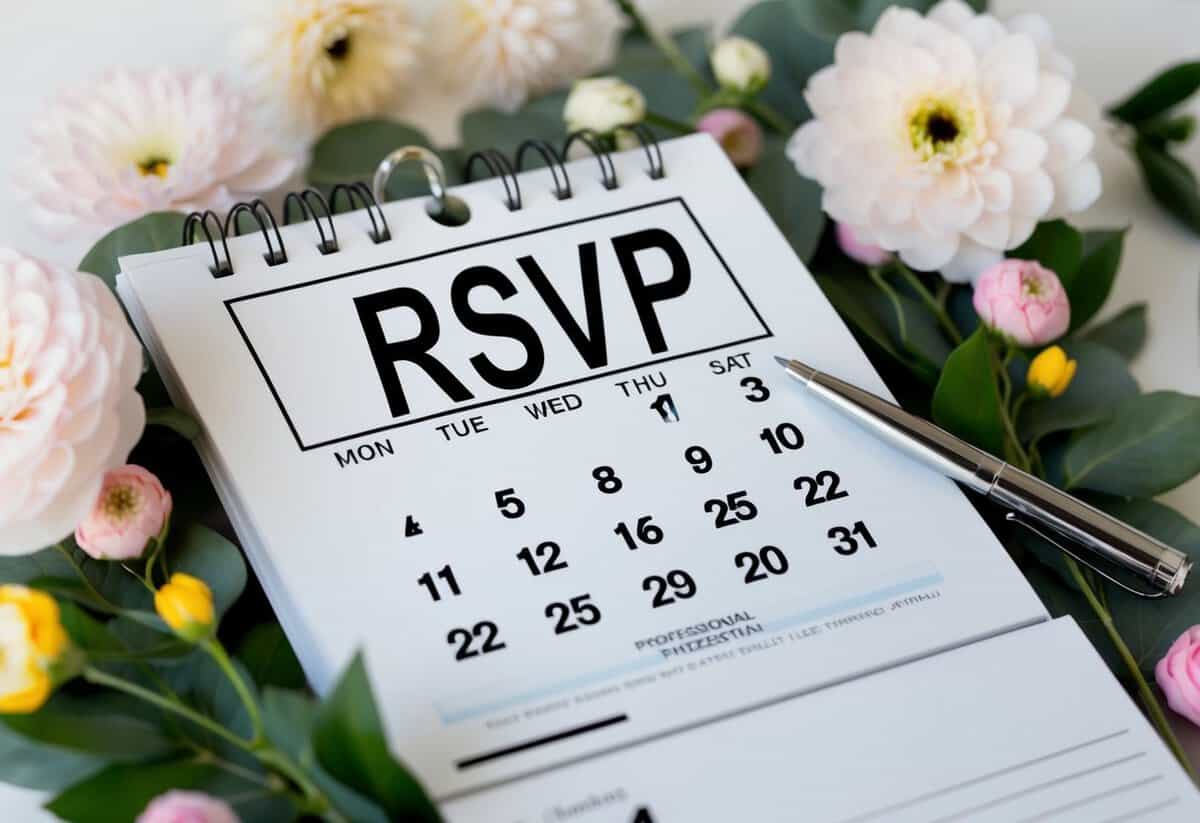 A calendar with a highlighted date, surrounded by floral decorations and a pen, indicating the RSVP deadline for a wedding