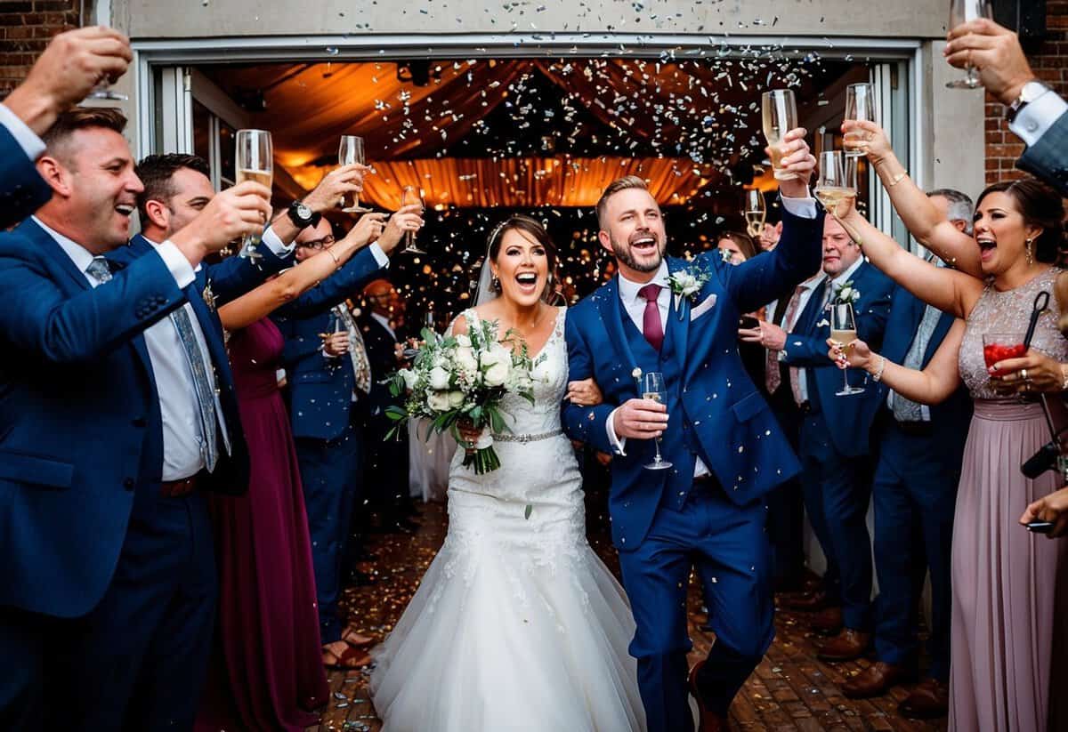 Guests clinking glasses, throwing confetti, and cheering as the newlyweds make their grand entrance at the reception