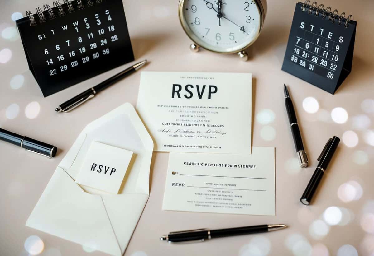 A wedding invitation with a blank RSVP card and envelope, surrounded by a calendar and clock, indicating the deadline for responses