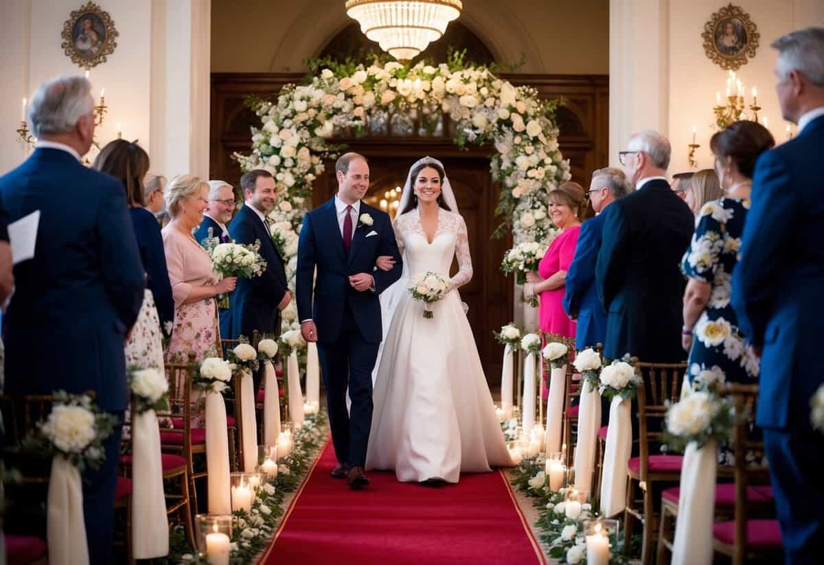 Kate Middleton walks down the aisle to the sound of traditional wedding music, surrounded by elegant floral decorations and soft candlelight