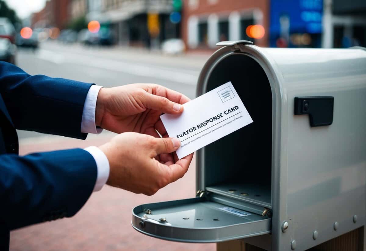 A hand placing a response card into a mailbox