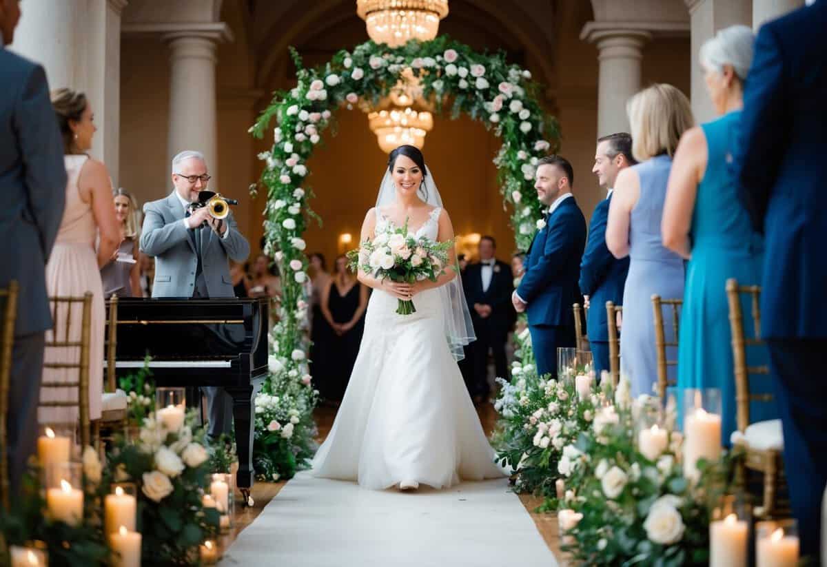 A bride walks down the aisle, surrounded by flowers and candles, as the musician plays a soft, romantic melody on the piano