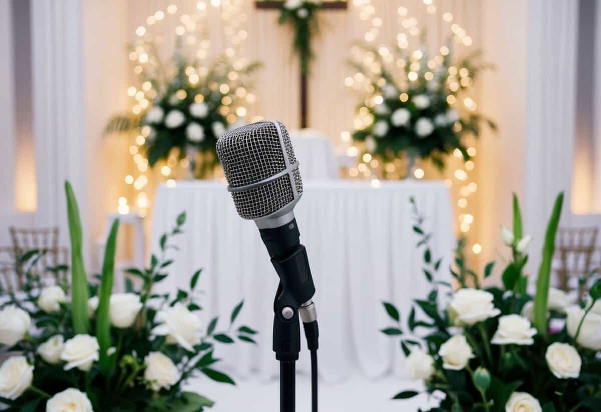 A microphone set up on a stand in front of a wedding altar, surrounded by flowers and twinkling lights