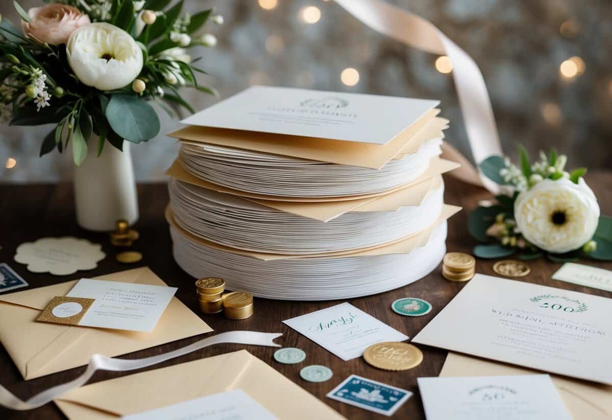 A stack of 200 wedding invitations with envelopes, surrounded by decorative extras such as ribbons, stamps, and floral accents