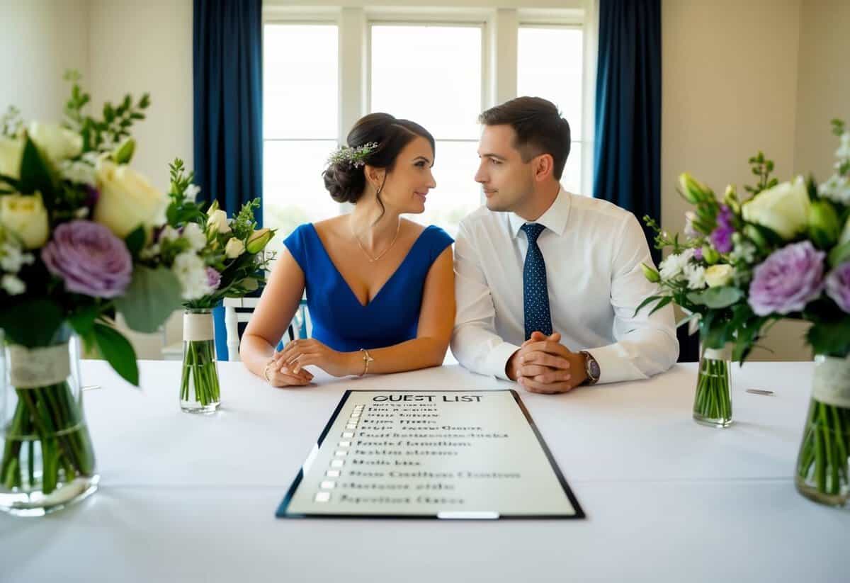 A couple sits at a table with a wedding guest list, contemplating whether to include their parents' names. The room is filled with natural light and adorned with flowers