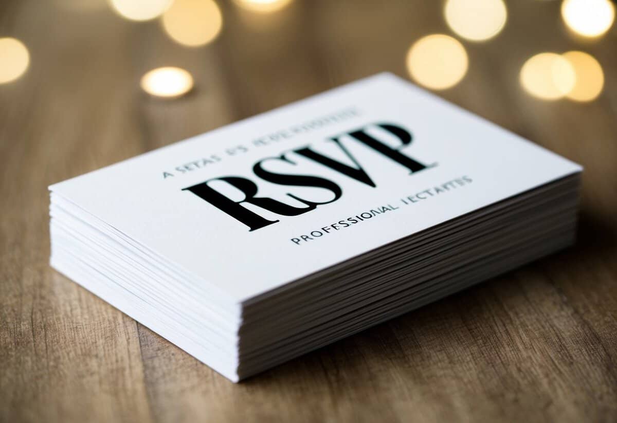 A stack of elegant invitation cards with a stylized "RSVP" on them
