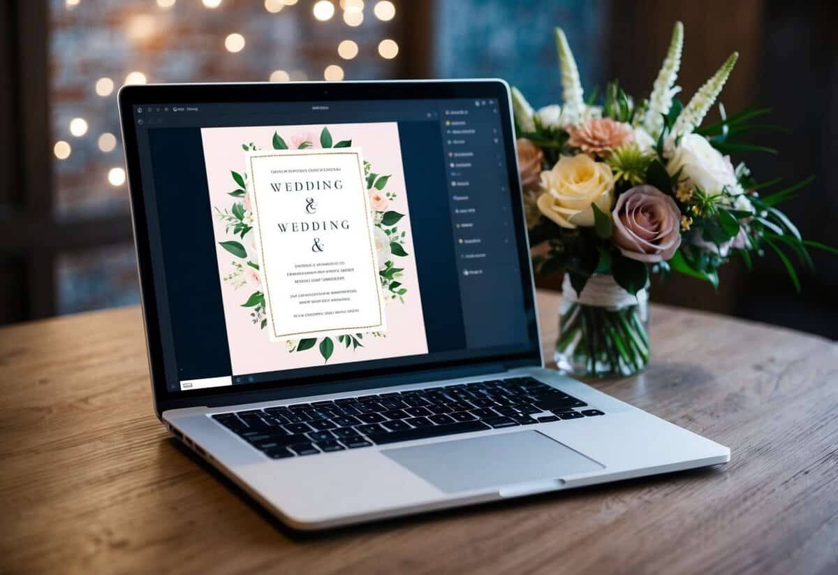 A laptop open on a table, displaying a beautifully designed digital wedding invitation. A bouquet of flowers sits nearby