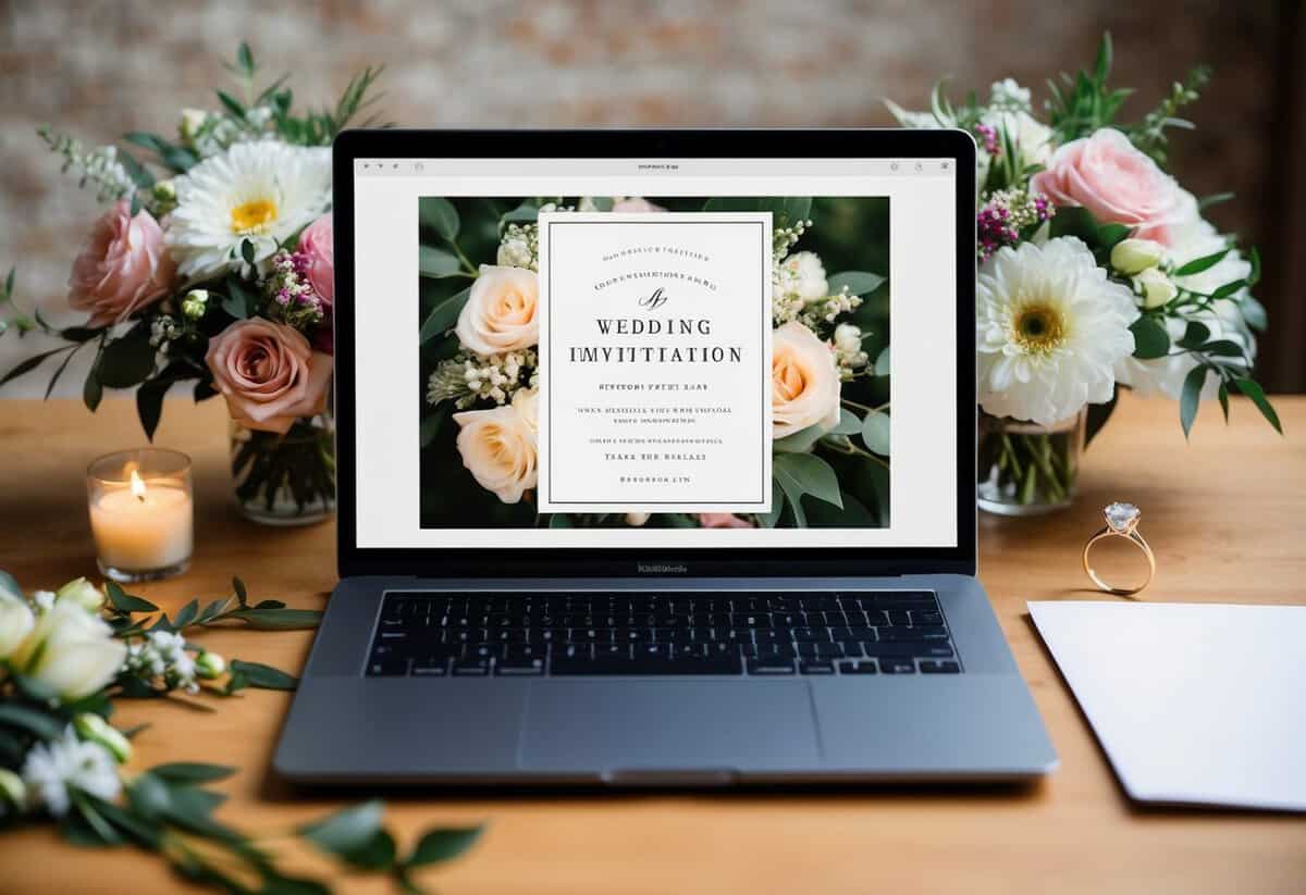A laptop displaying a beautifully designed digital wedding invitation, surrounded by floral decorations and a wedding ring