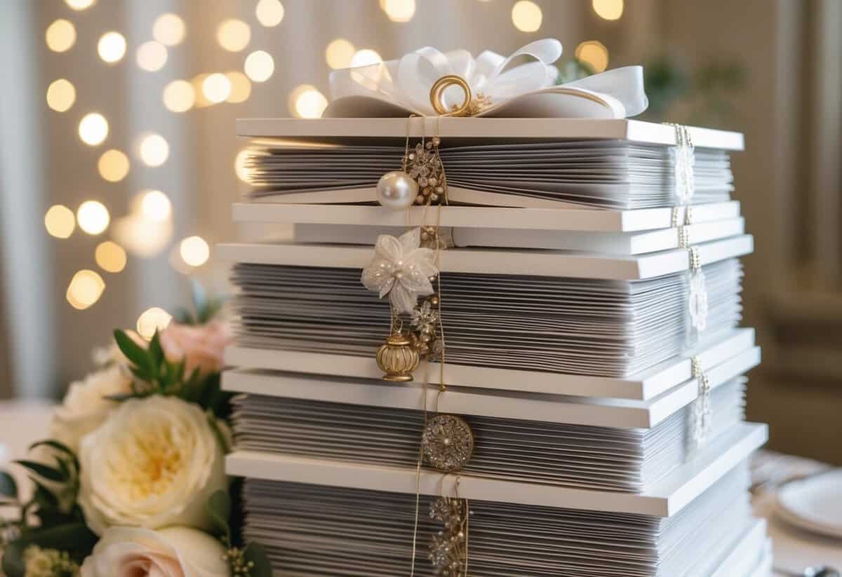 A stack of 100 wedding invitations, adorned with elegant designs and extras, ready to be sent out