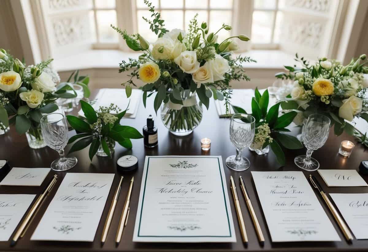 A table is set with elegant wedding invitations, surrounded by calligraphy pens, ink, and fresh flowers