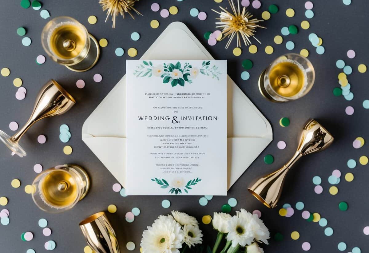 A wedding invitation surrounded by various symbols of celebration, such as confetti, champagne glasses, and flowers