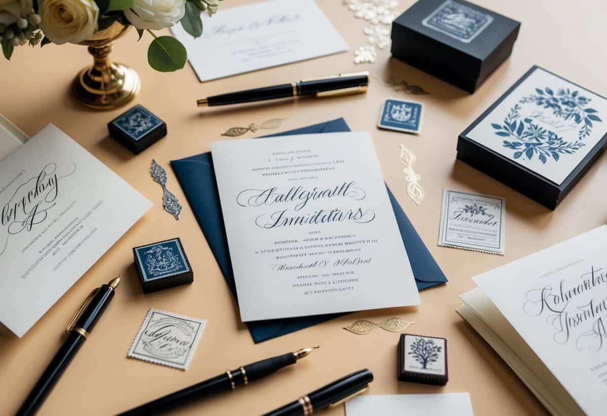 A table set with elegant wedding invitations, surrounded by calligraphy pens and decorative stamps