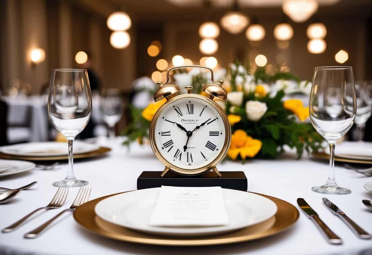 A table set with elegant place settings and a clock showing the specified time for the event