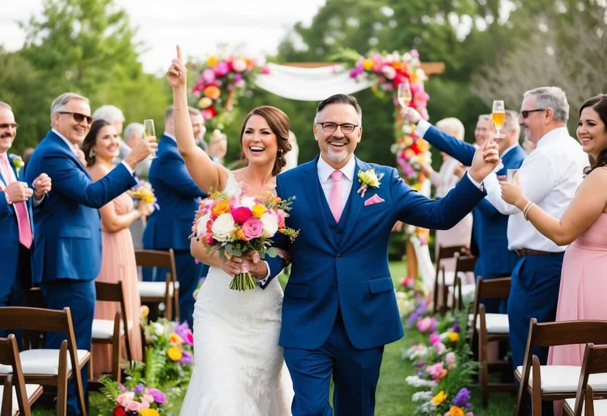 A colorful outdoor wedding ceremony with blooming flowers and happy guests celebrating