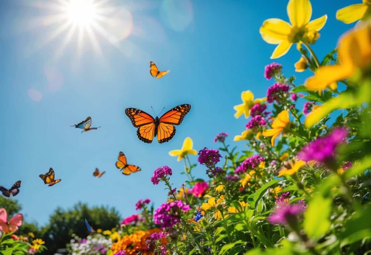 A colorful, blooming garden with butterflies dancing amidst the vibrant flowers under a clear, sunny sky