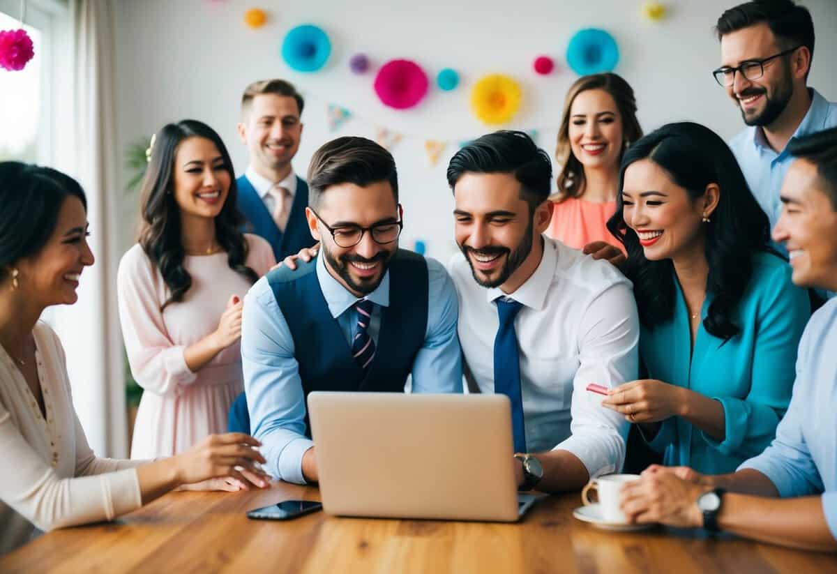 A joyful couple creating a wedding website together, surrounded by colorful decorations and smiling guests