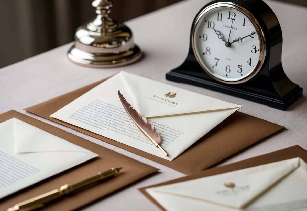 A table set with elegant stationery, a quill pen, and a sealed envelope, surrounded by a clock showing a specific time