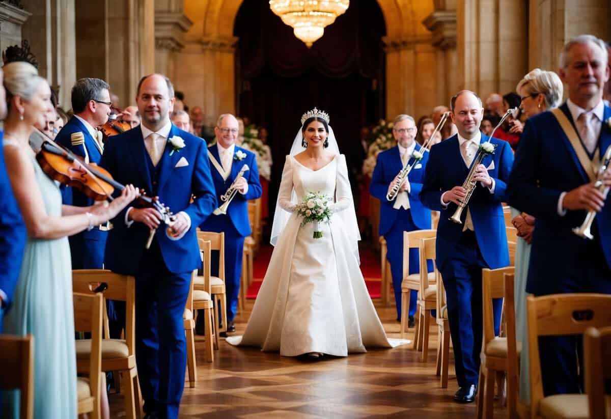 A grand wedding procession with musicians playing as the queen walks down the aisle