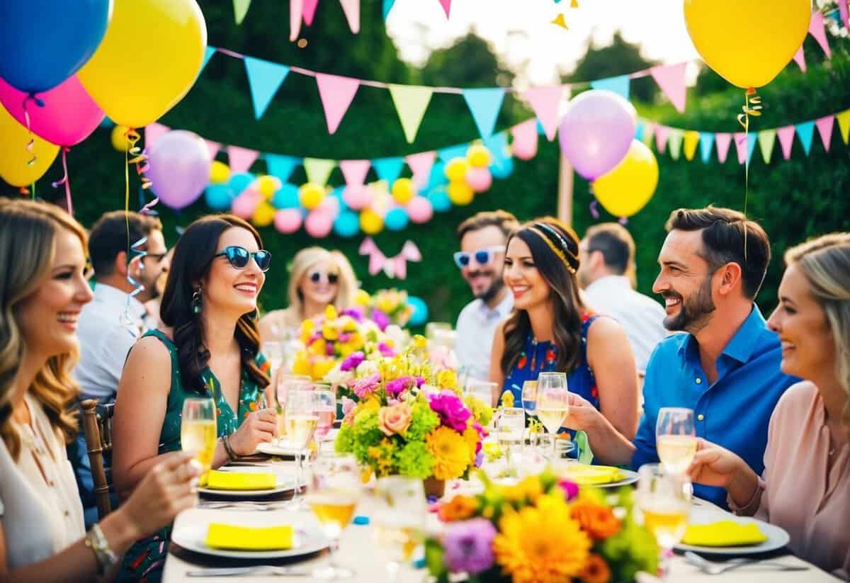 A colorful garden party with balloons, streamers, and a festive atmosphere. Tables are adorned with flowers and guests are smiling and enjoying themselves