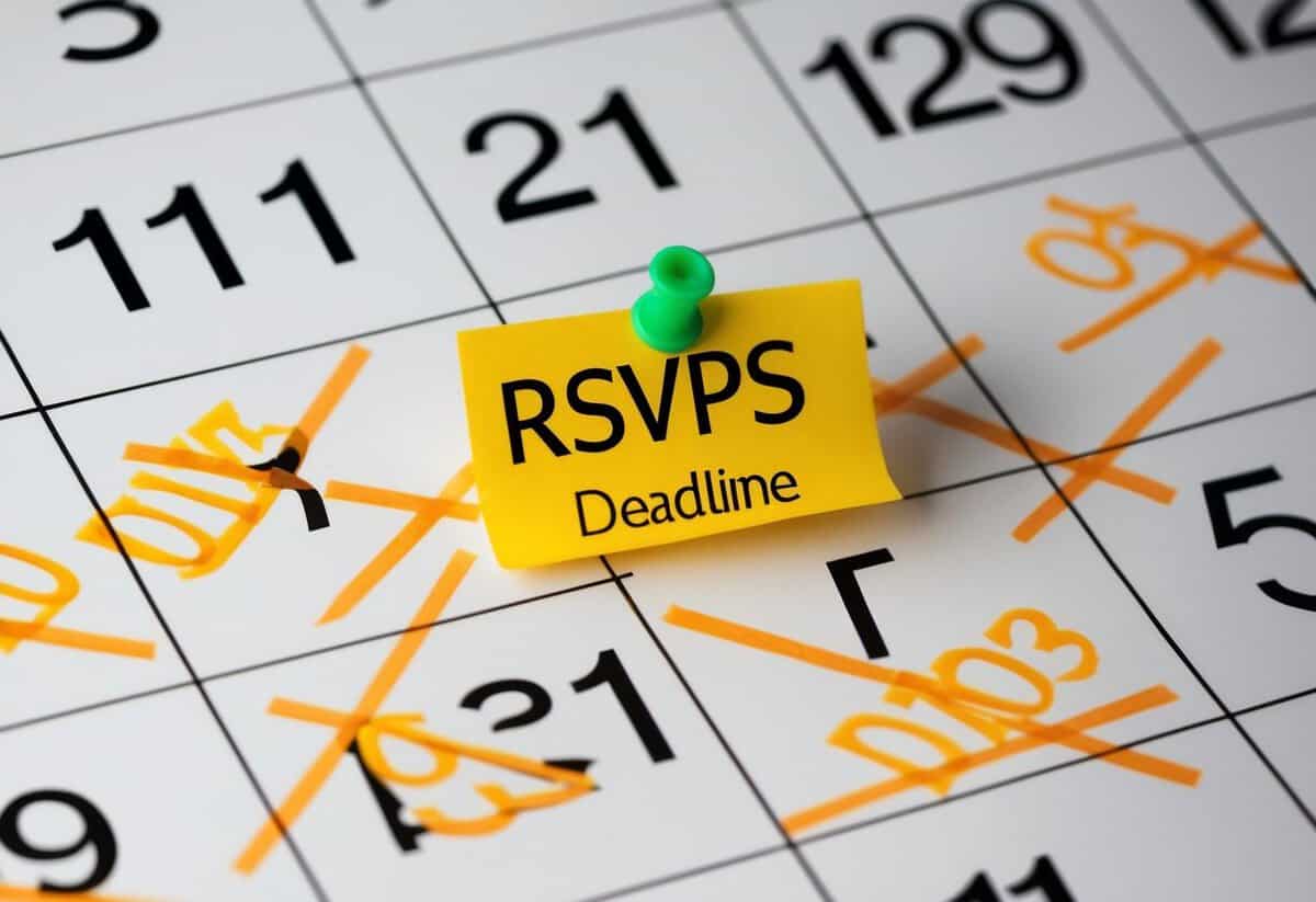 A calendar with a marked deadline date for RSVPs, surrounded by crossed-out dates and a sense of urgency
