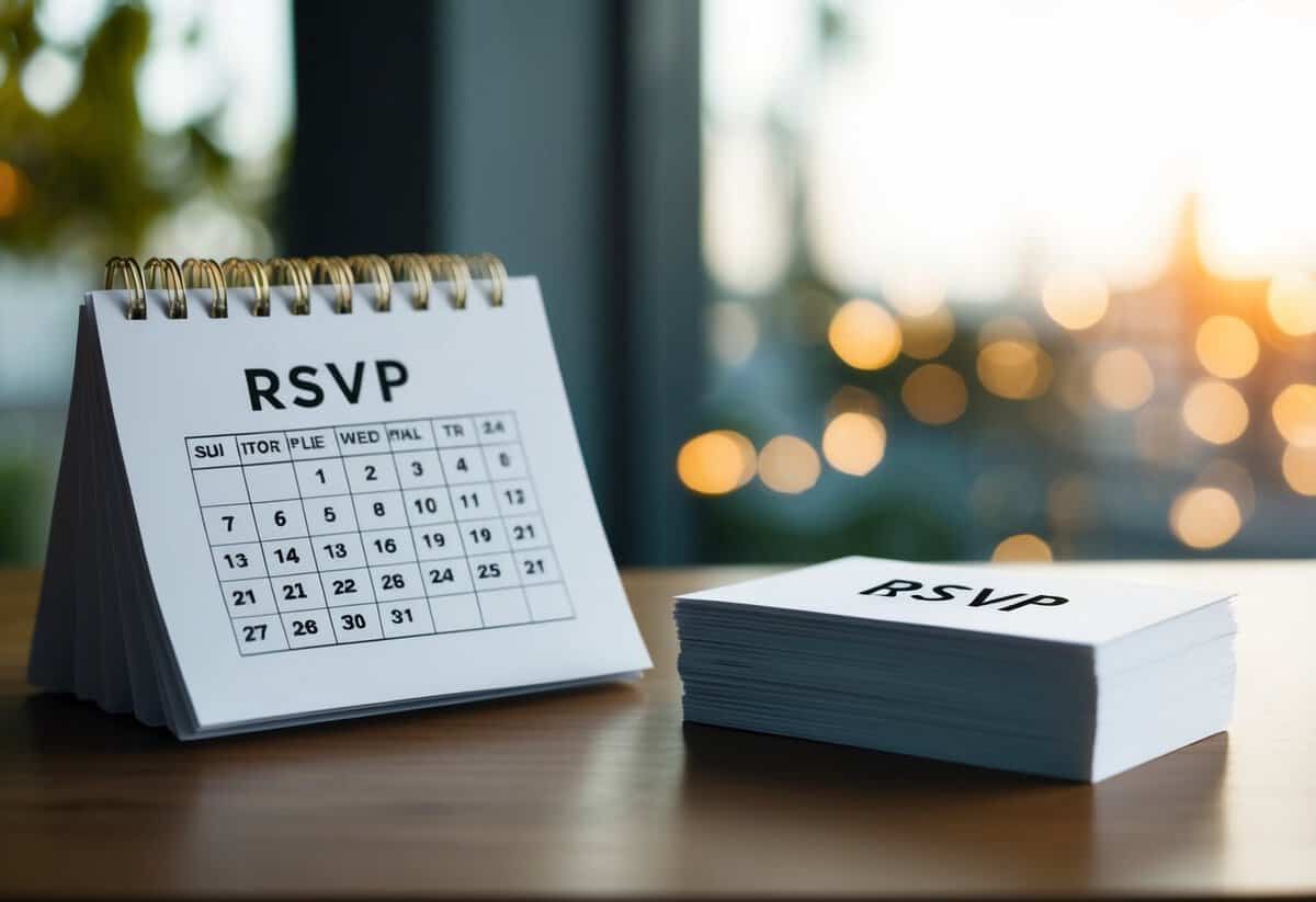 A calendar with a circled date and a stack of RSVP cards