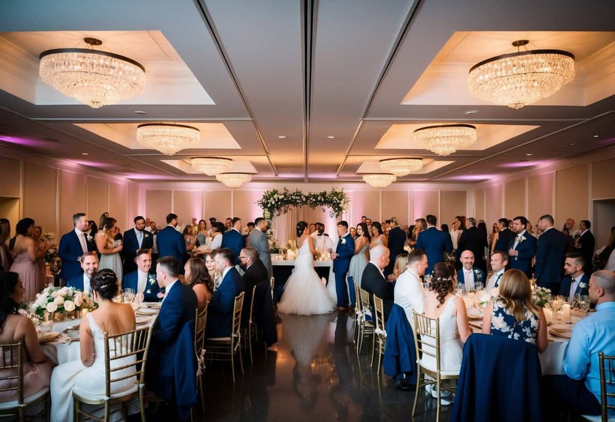 A wedding reception with equal numbers of guests on either side of the room, mingling and enjoying the celebration