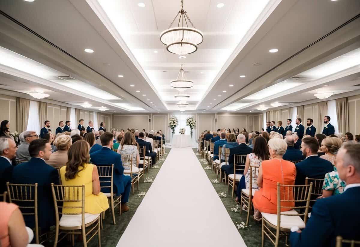 A wedding venue with two equal-sized sections for guests, separated by a central aisle