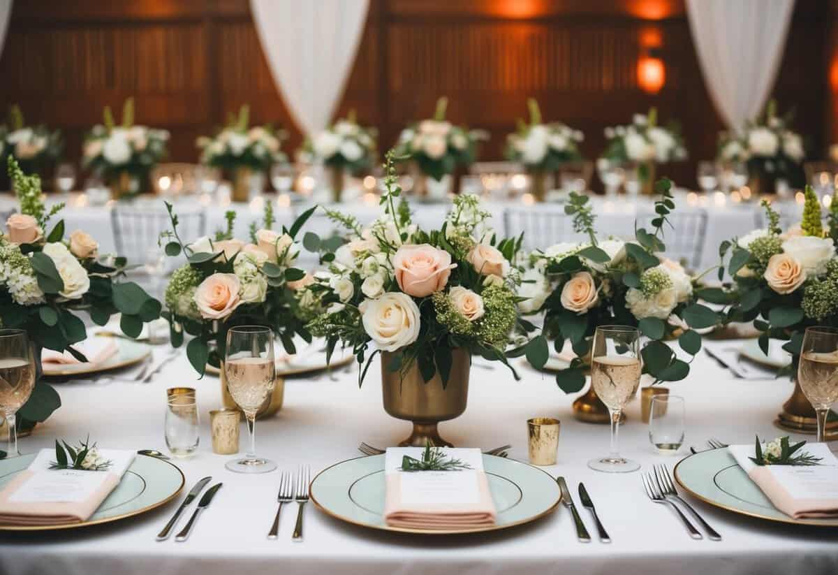 A table with an equal number of floral centerpieces and place settings for a wedding reception